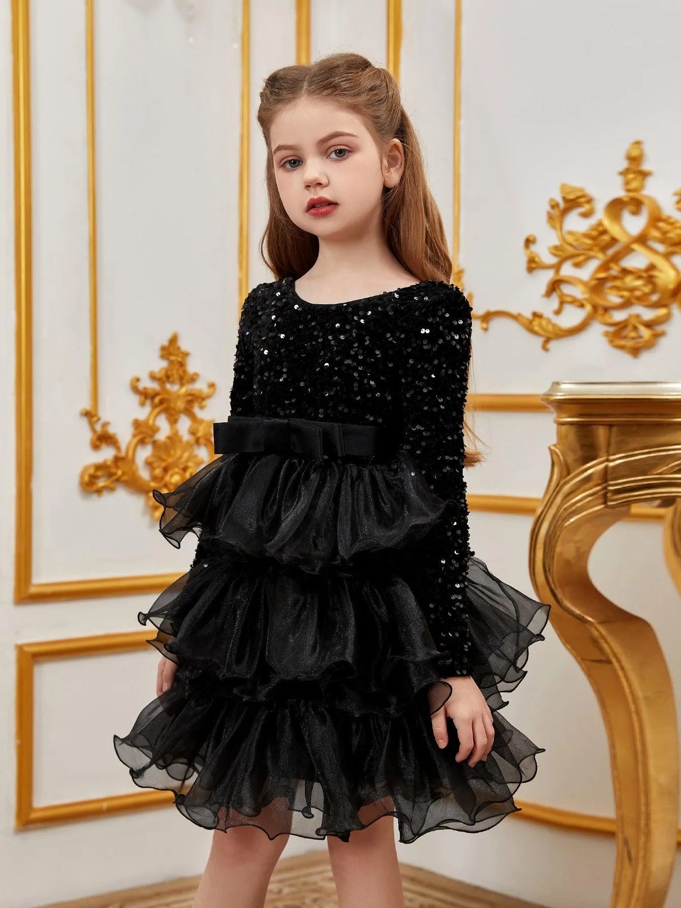 Additional product view of Sequin A-Line Long-Sleeve Midi Tween Girls' Party Dress