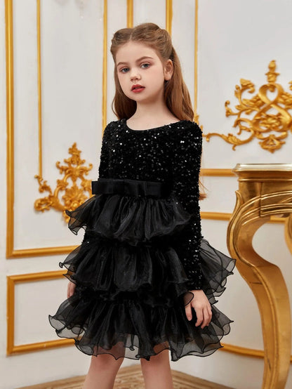Additional product view of Sequin A-Line Long-Sleeve Midi Tween Girls' Party Dress
