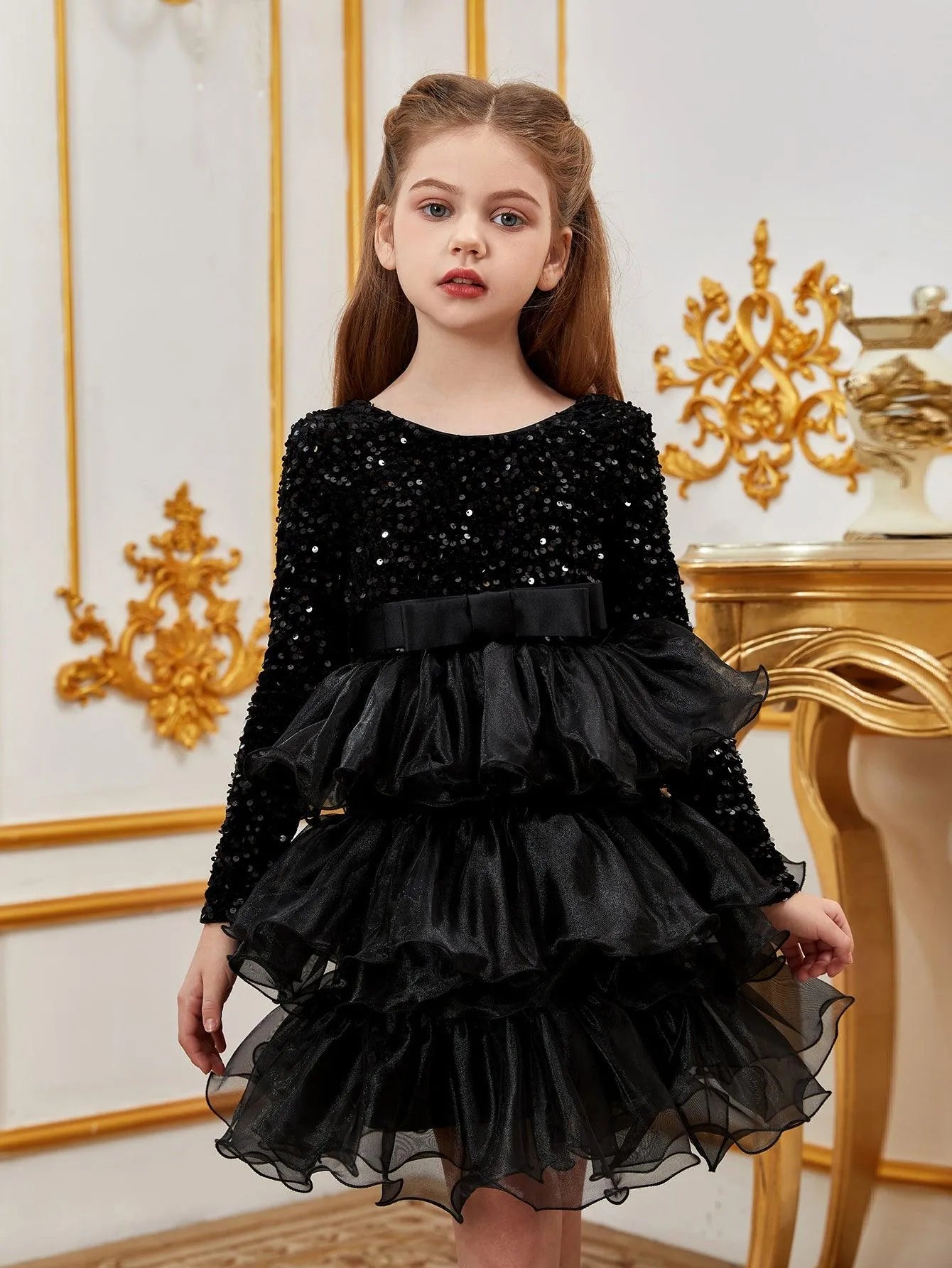 Additional product view of Sequin A-Line Long-Sleeve Midi Tween Girls' Party Dress