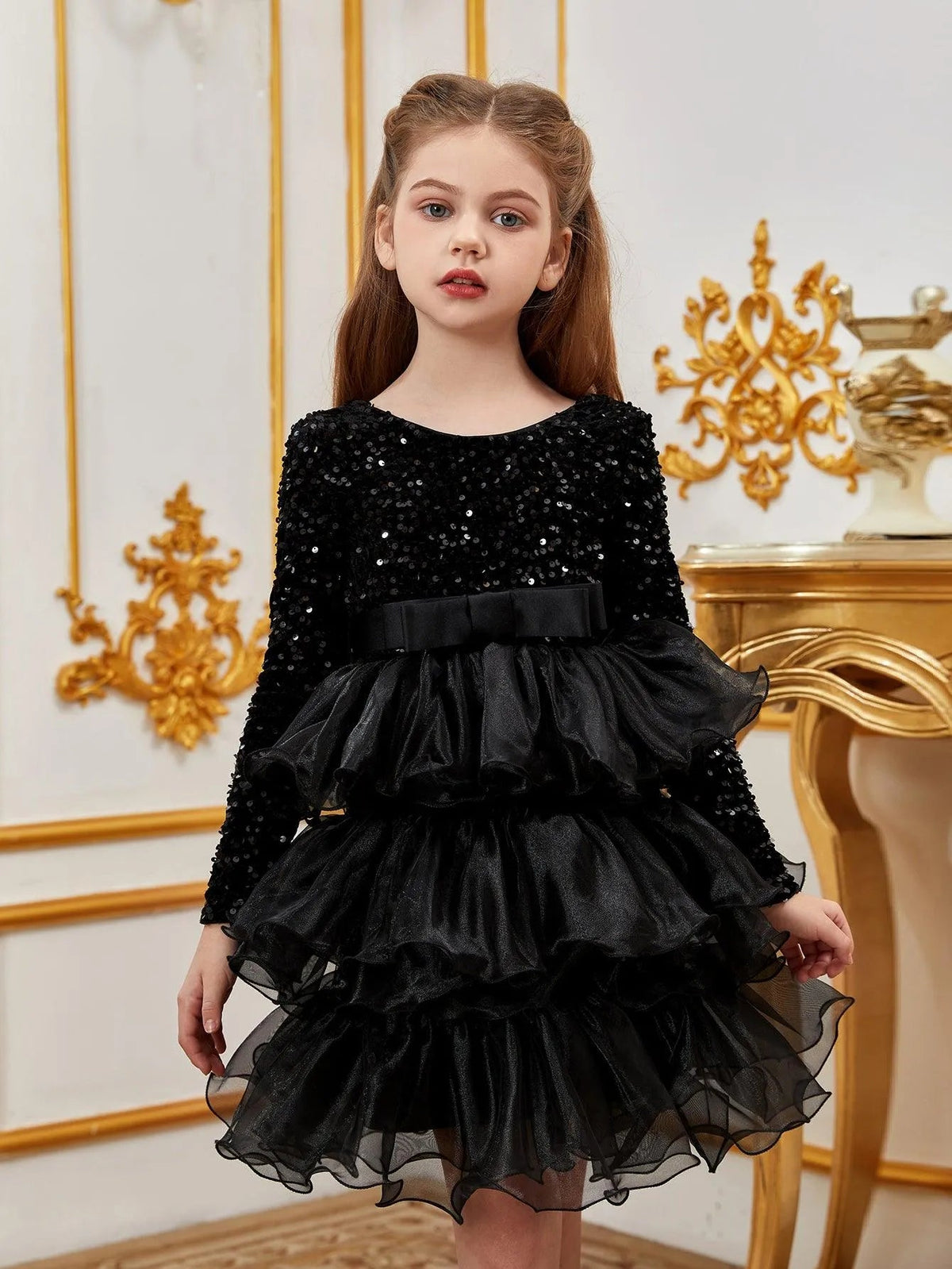 Additional product view of Sequin A-Line Long-Sleeve Midi Tween Girls' Party Dress