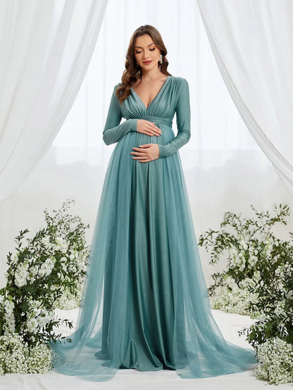 Additional product view of Contrast Mesh Plunging-Neck V-Neck Knit A-Line Maternity Evening Dress