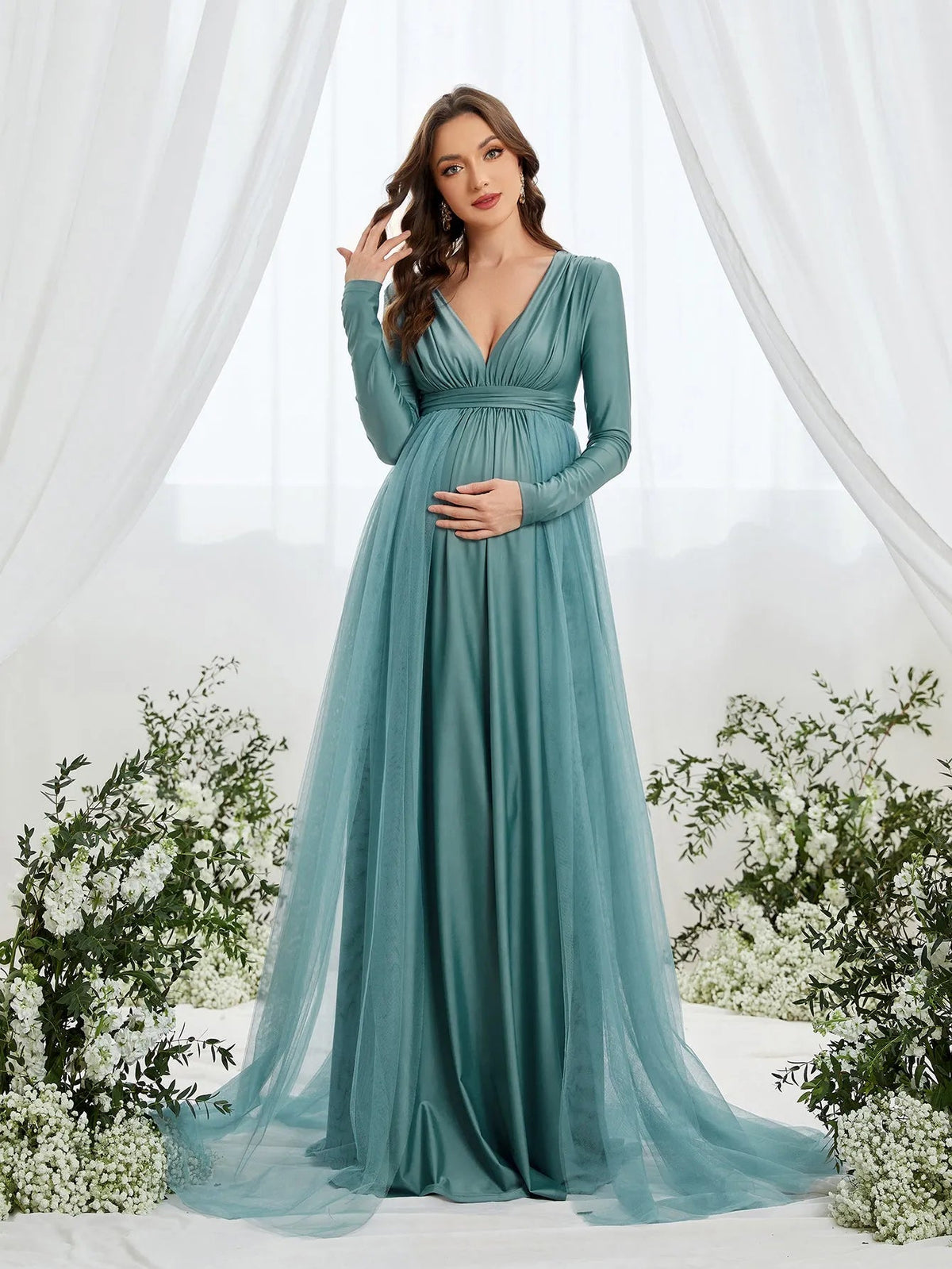 Alternate view of Contrast Mesh Plunging-Neck V-Neck Knit A-Line Maternity Evening Dress in Teal Blue