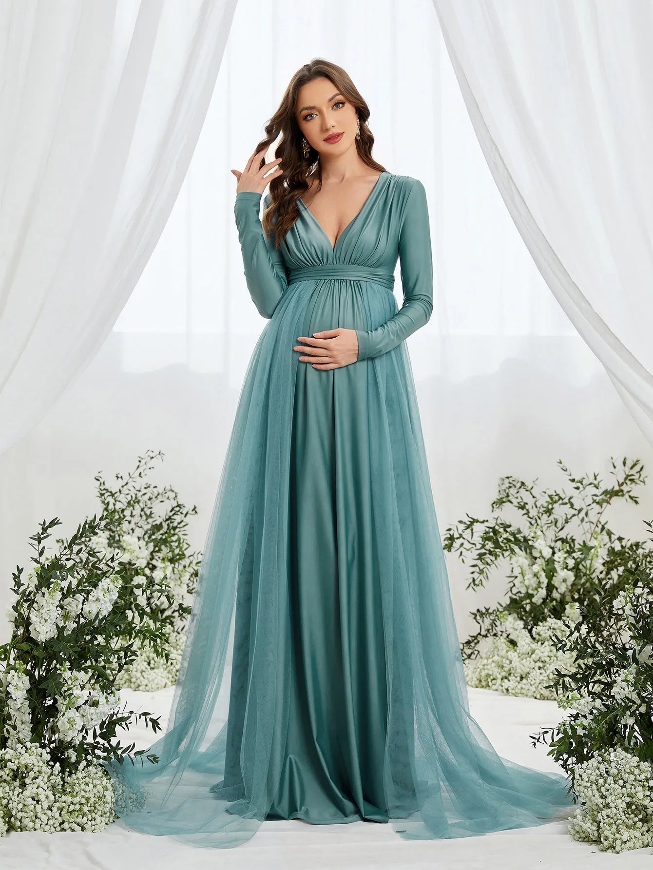 Alternate view of Contrast Mesh Plunging-Neck V-Neck Knit A-Line Maternity Evening Dress in Teal Blue