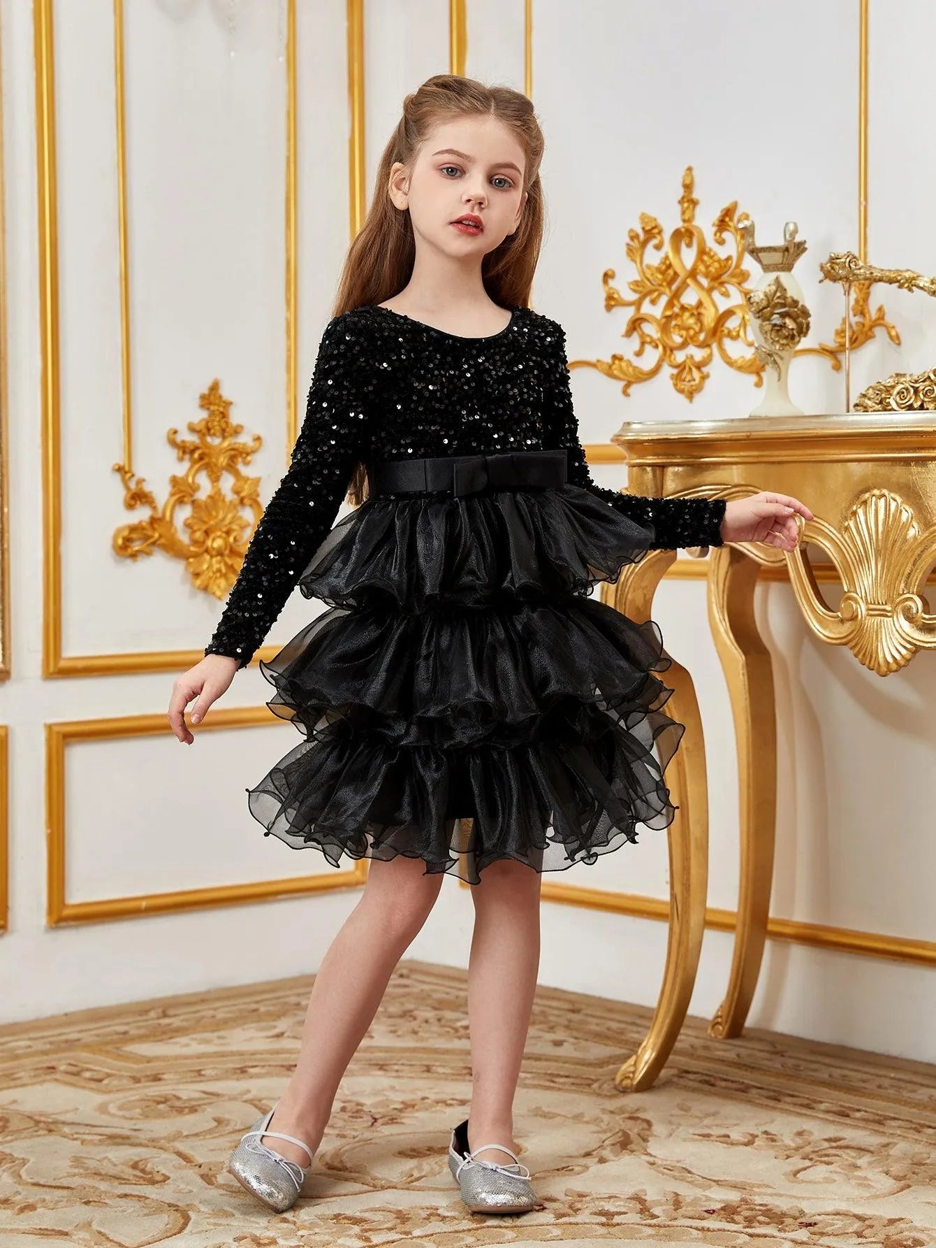 Additional product view of Sequin A-Line Long-Sleeve Midi Tween Girls' Party Dress