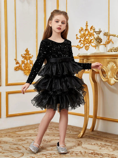 Additional product view of Sequin A-Line Long-Sleeve Midi Tween Girls' Party Dress