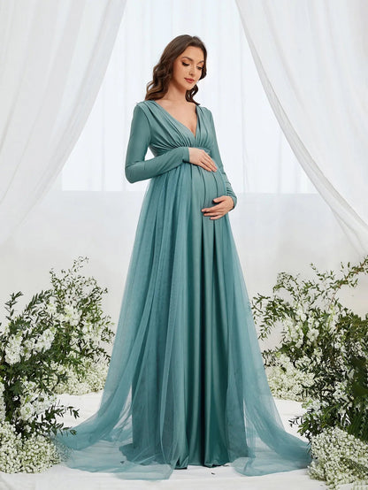 Additional product view of Contrast Mesh Plunging-Neck V-Neck Knit A-Line Maternity Evening Dress