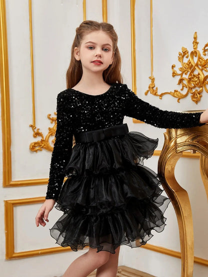 Alternate view of Sequin A-Line Long-Sleeve Midi Tween Girls' Party Dress in Black