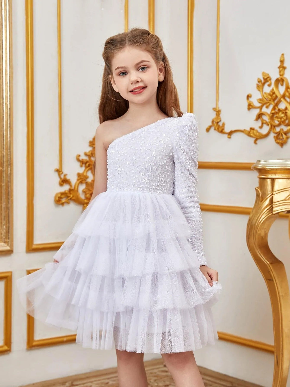 Alternate view of One-Shoulder Sequin A-Line Mesh Midi Tween Girls' Party Dress in White