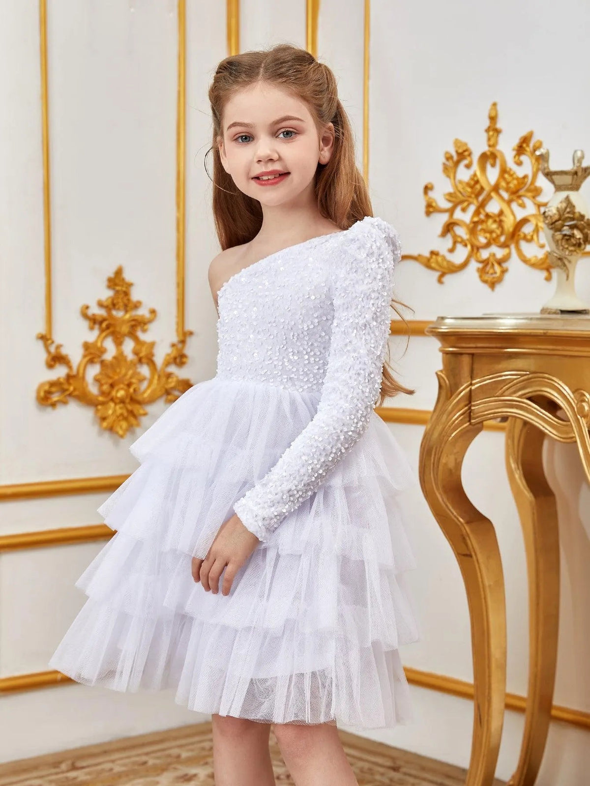 Additional product view of One-Shoulder Sequin A-Line Mesh Midi Tween Girls' Party Dress