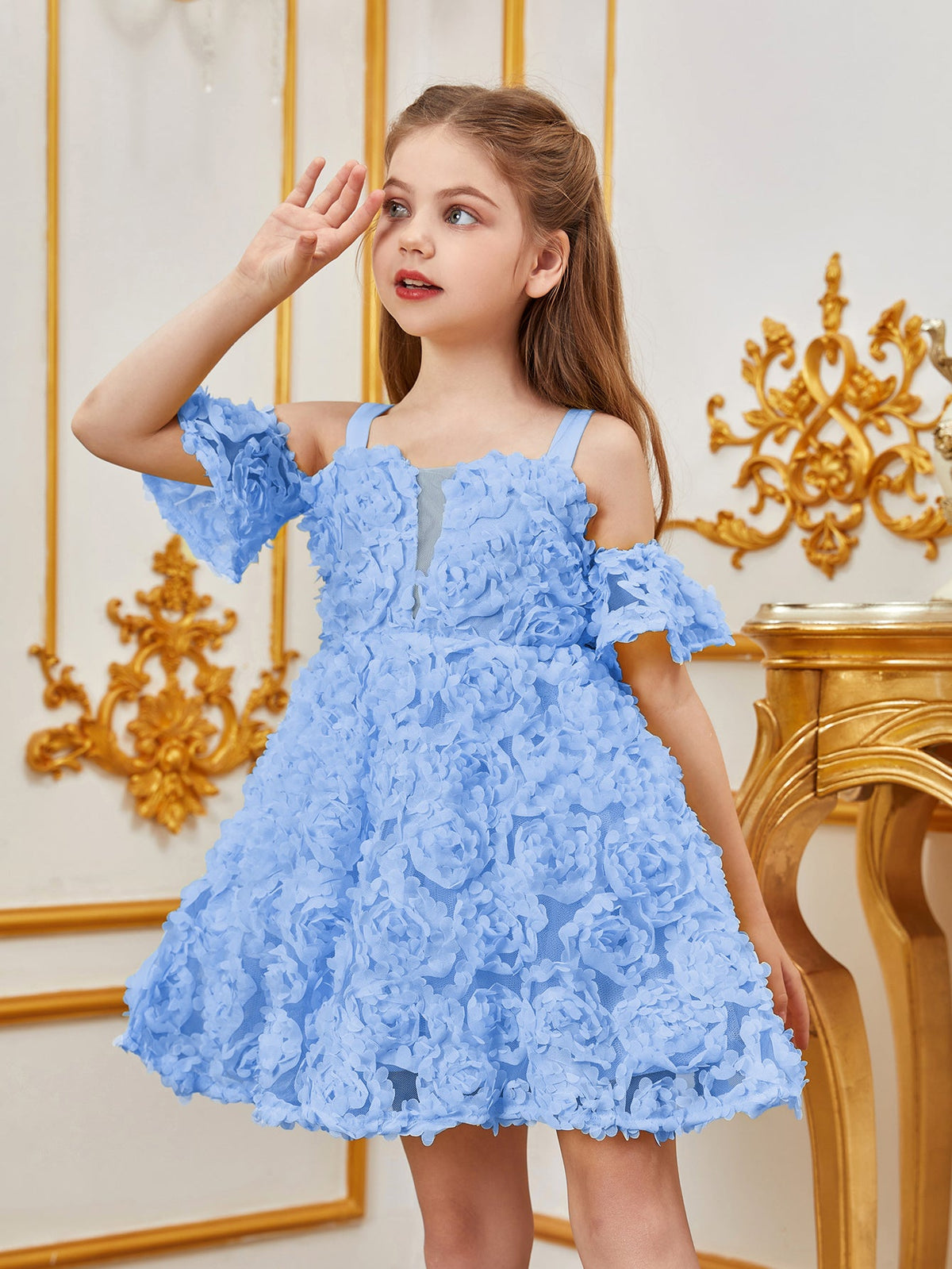 Additional product view of Floral Appliqué Cami Strap Off-Shoulder A-Line Short-Sleeve Tween Girls' Party Dress