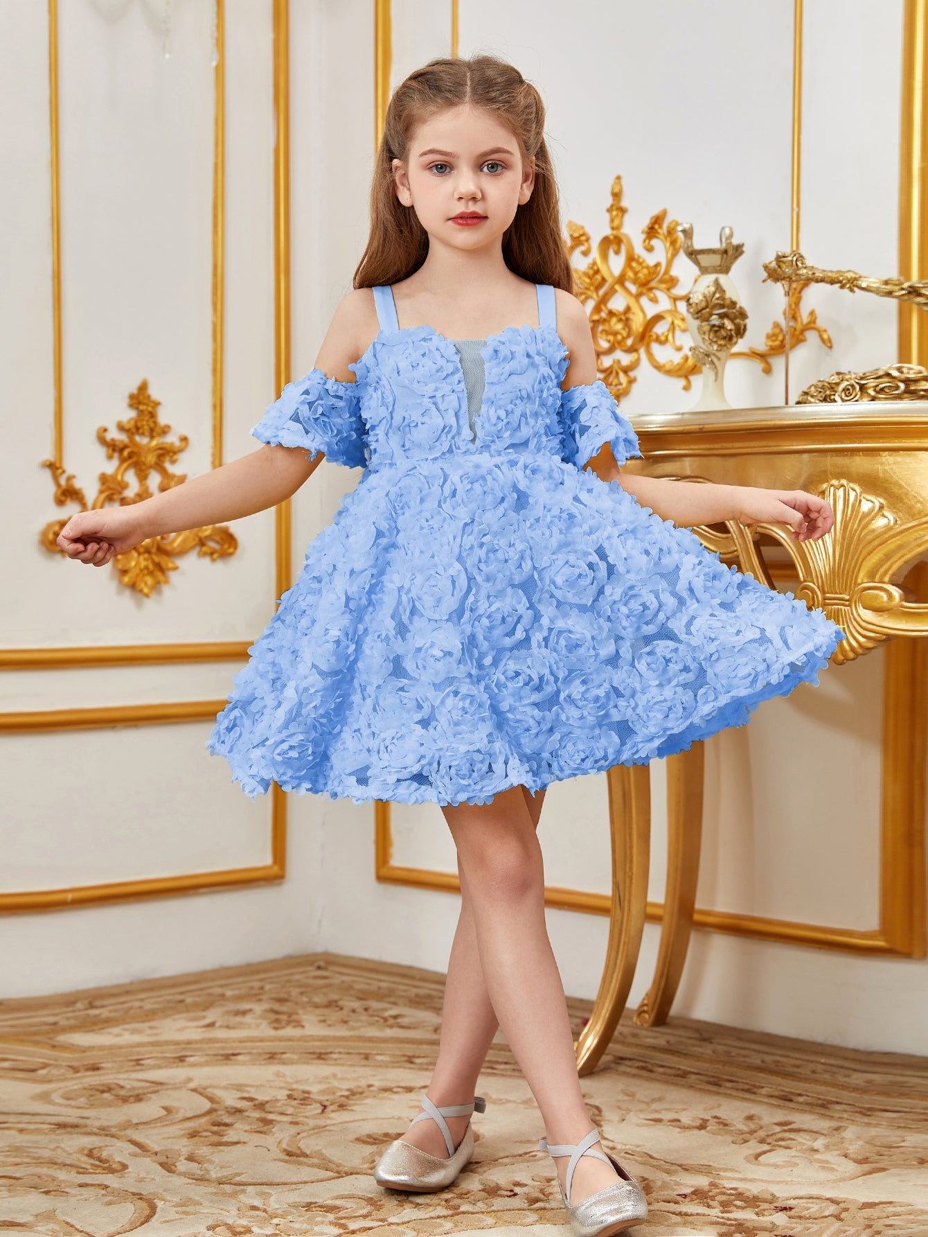 Additional product view of Floral Appliqué Cami Strap Off-Shoulder A-Line Short-Sleeve Tween Girls' Party Dress