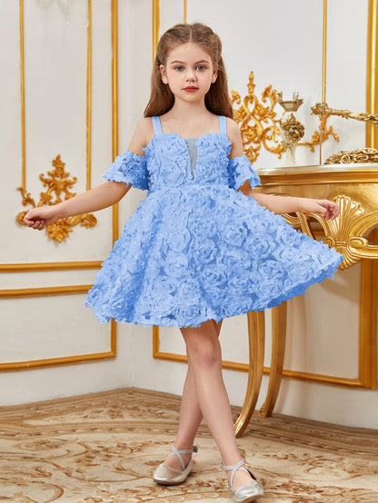 Additional product view of Floral Appliqué Cami Strap Off-Shoulder A-Line Short-Sleeve Tween Girls' Party Dress