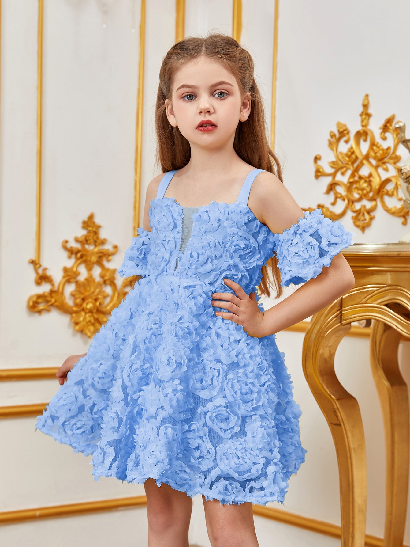 Additional product view of Floral Appliqué Cami Strap Off-Shoulder A-Line Short-Sleeve Tween Girls' Party Dress
