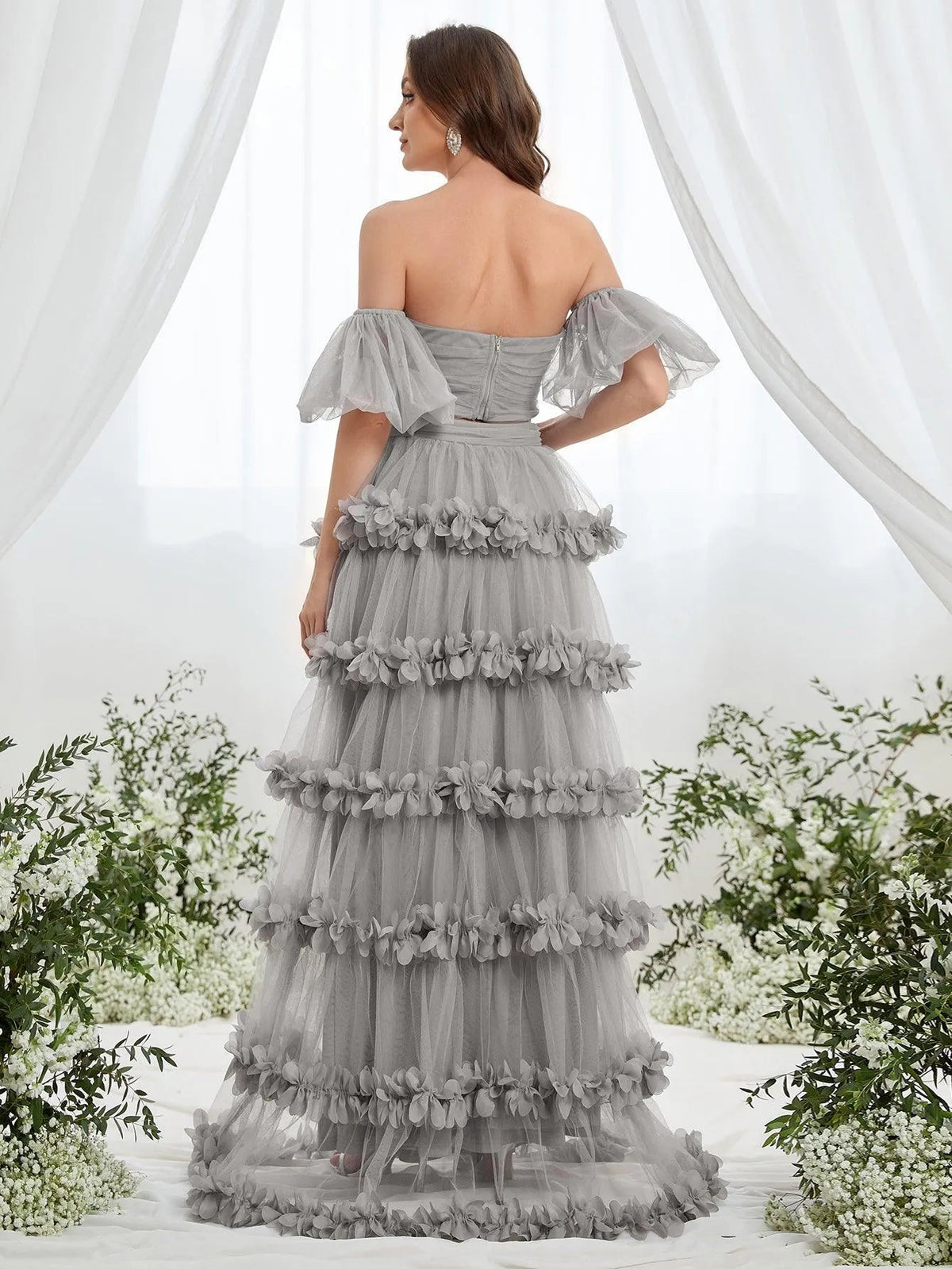 Off-Shoulder Puff Sleeve Crop Top & Frill Trim Mesh Skirt – view 13
