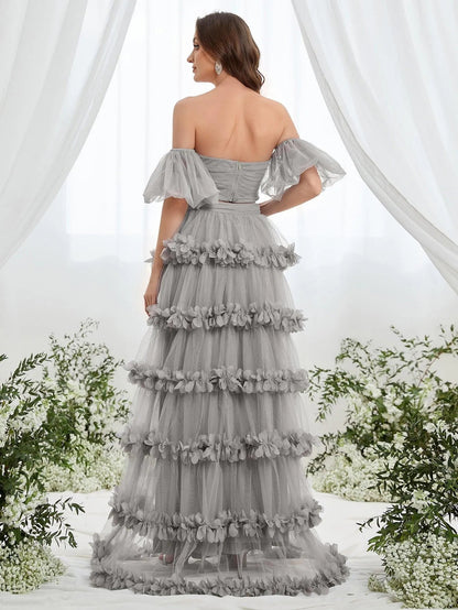 Off-Shoulder Puff Sleeve Crop Top & Frill Trim Mesh Skirt – view 13