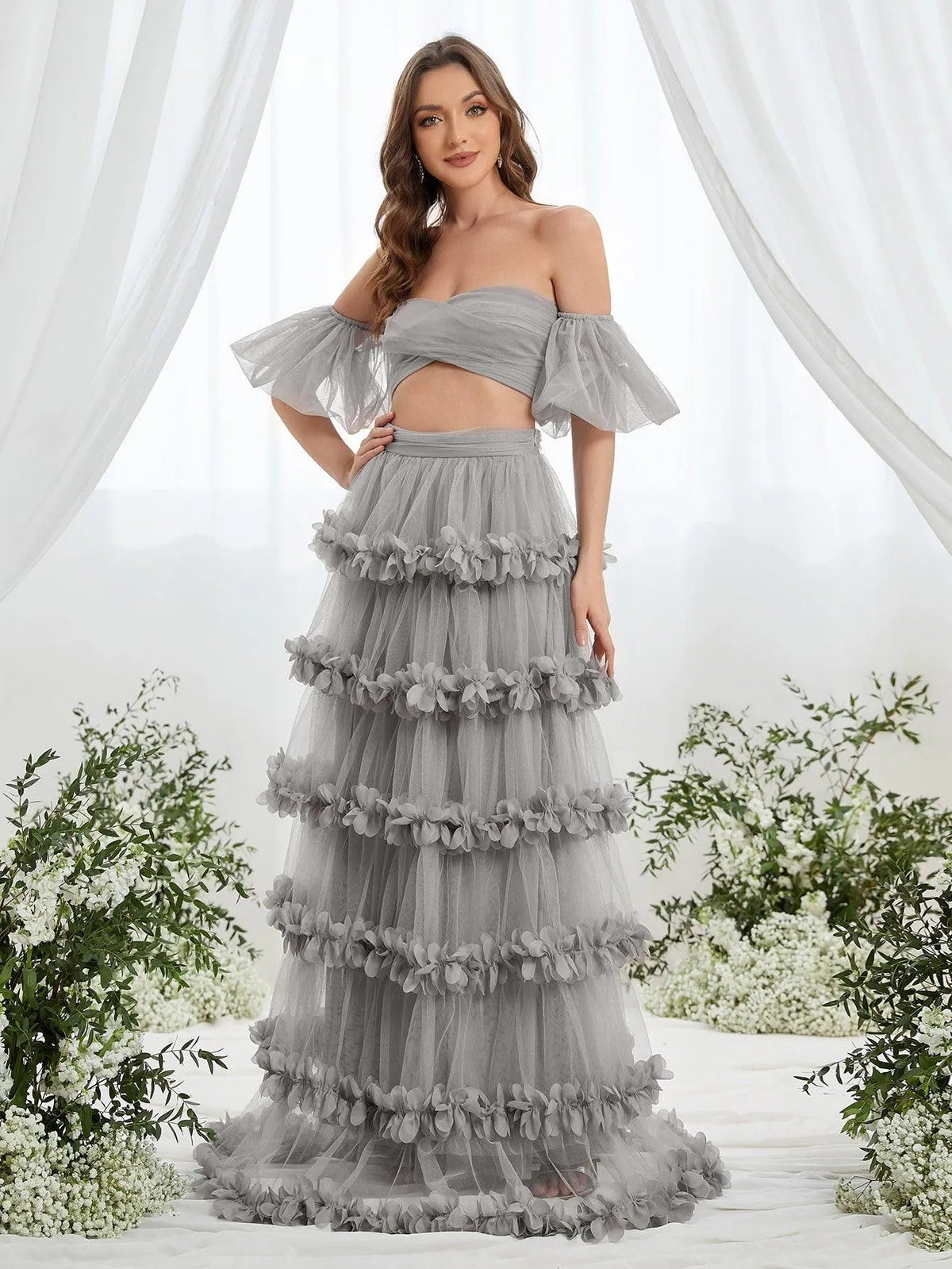 Off-Shoulder Puff Sleeve Crop Top & Frill Trim Mesh Skirt – view 14