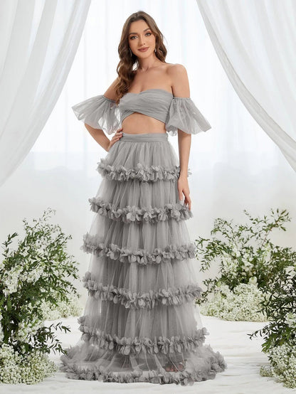 Off-Shoulder Puff Sleeve Crop Top & Frill Trim Mesh Skirt – view 14