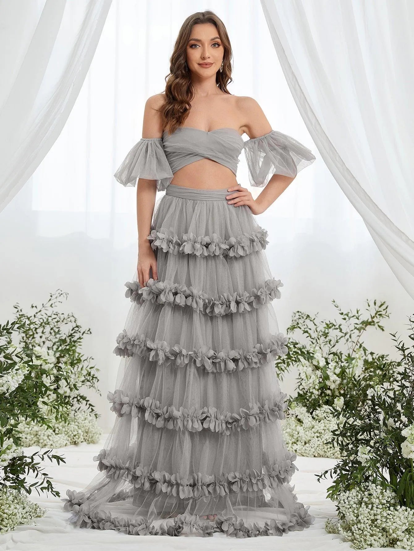 Off-Shoulder Puff Sleeve Crop Top & Frill Trim Mesh Skirt – view 12