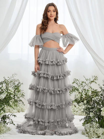 Off-Shoulder Puff Sleeve Crop Top & Frill Trim Mesh Skirt – view 12