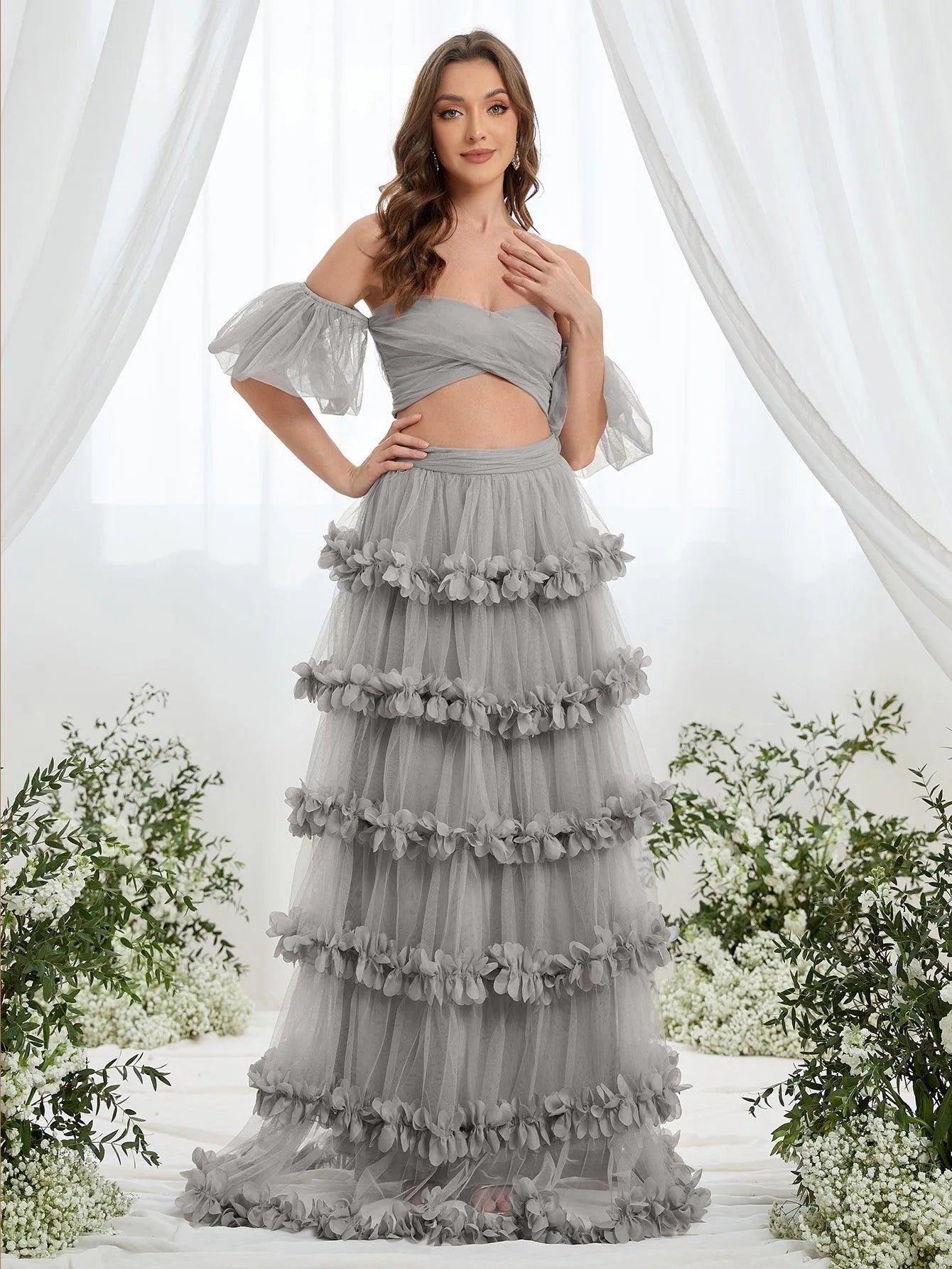 Off-Shoulder Puff Sleeve Crop Top & Frill Trim Mesh Skirt – view 15