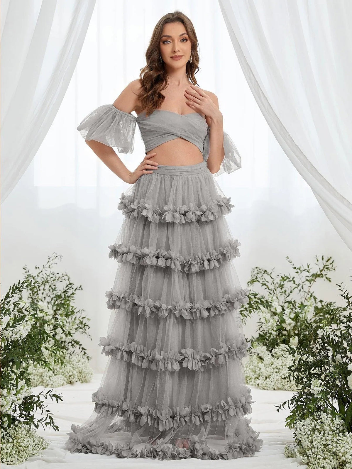 Off-Shoulder Puff Sleeve Crop Top & Frill Trim Mesh Skirt – view 15