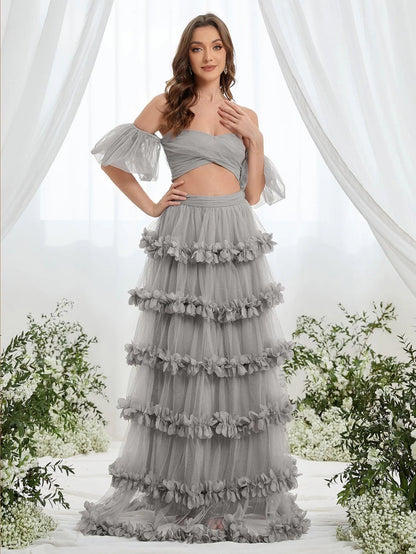 Off-Shoulder Puff Sleeve Crop Top & Frill Trim Mesh Skirt – view 15