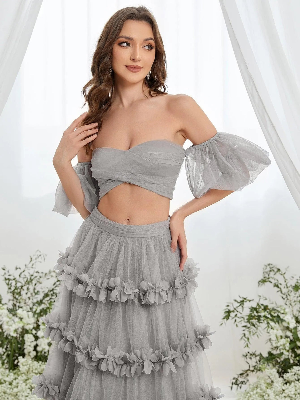 Off-Shoulder Puff Sleeve Crop Top & Frill Trim Mesh Skirt – view 17