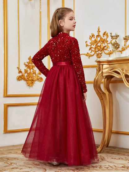 Additional product view of Bow Detail Mock-Neck Sequin A-Line Long-Sleeve Tween Girls' Party Dress