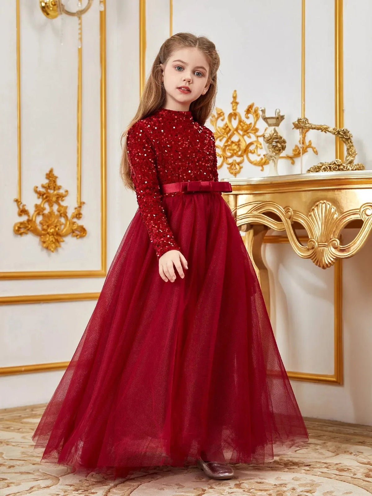 Additional product view of Bow Detail Mock-Neck Sequin A-Line Long-Sleeve Tween Girls' Party Dress