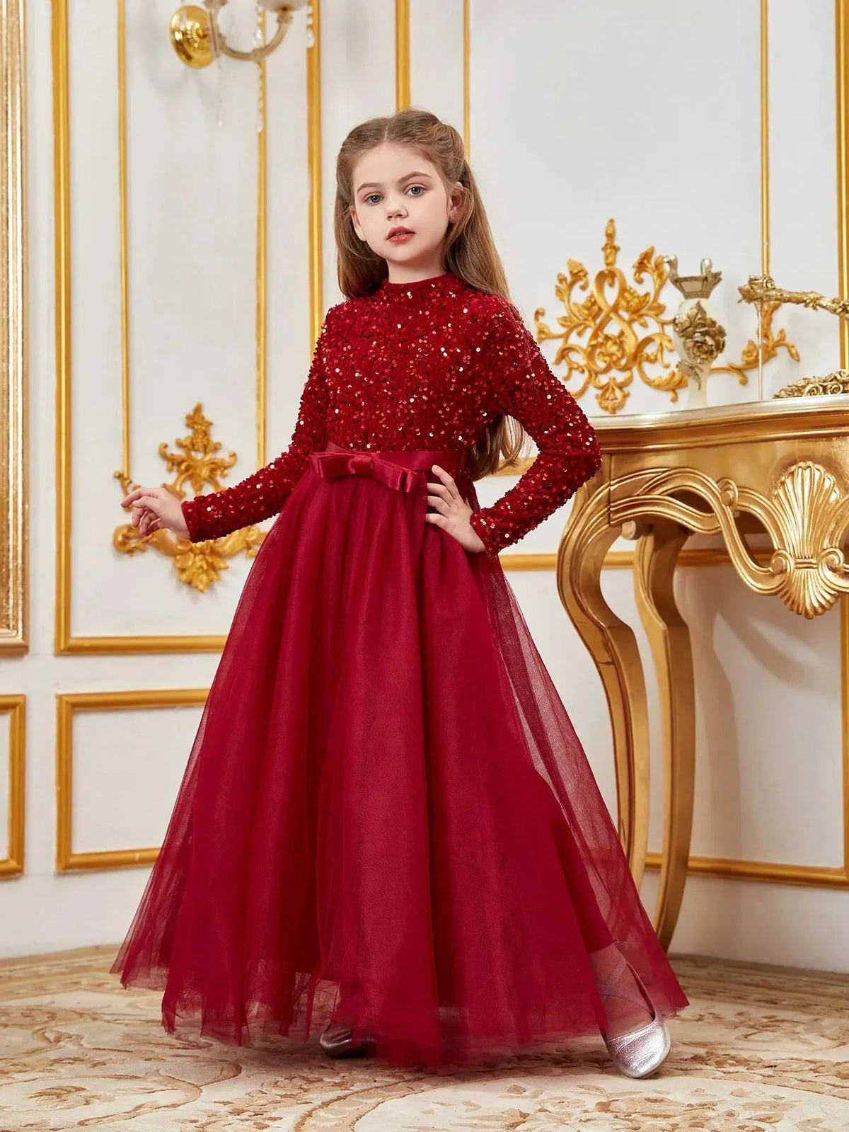 Additional product view of Bow Detail Mock-Neck Sequin A-Line Long-Sleeve Tween Girls' Party Dress