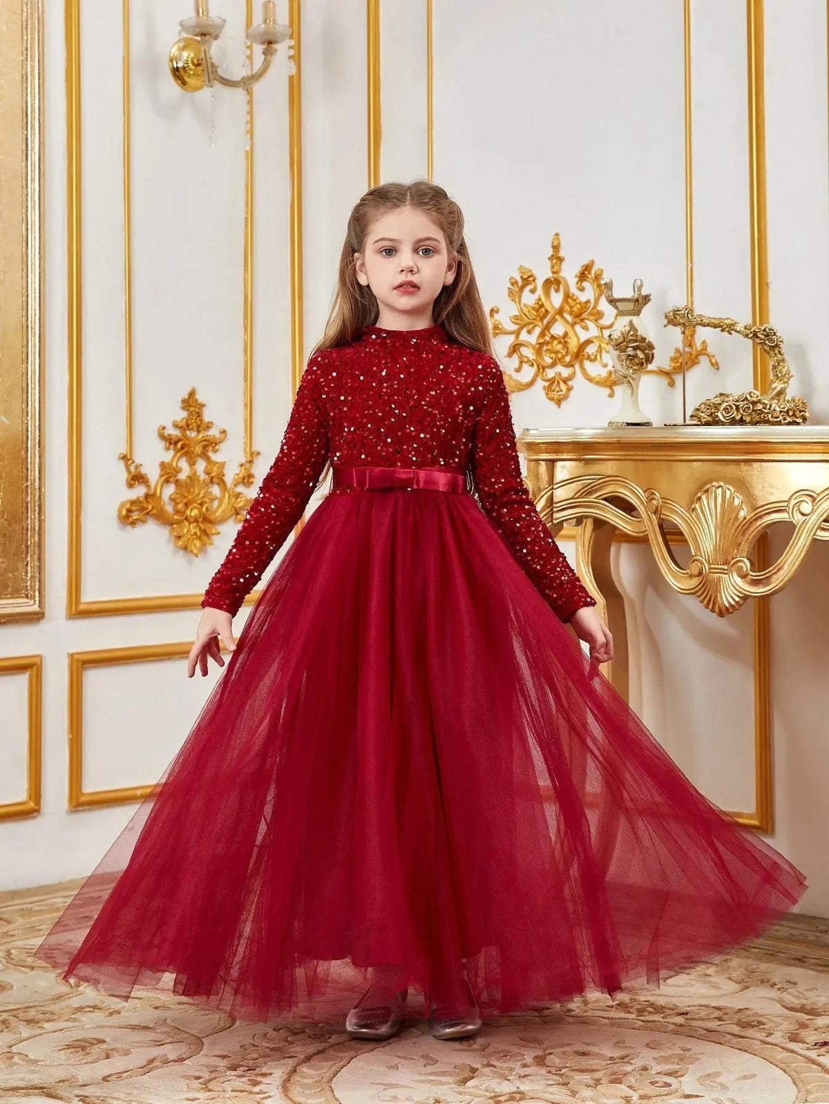Additional product view of Bow Detail Mock-Neck Sequin A-Line Long-Sleeve Tween Girls' Party Dress