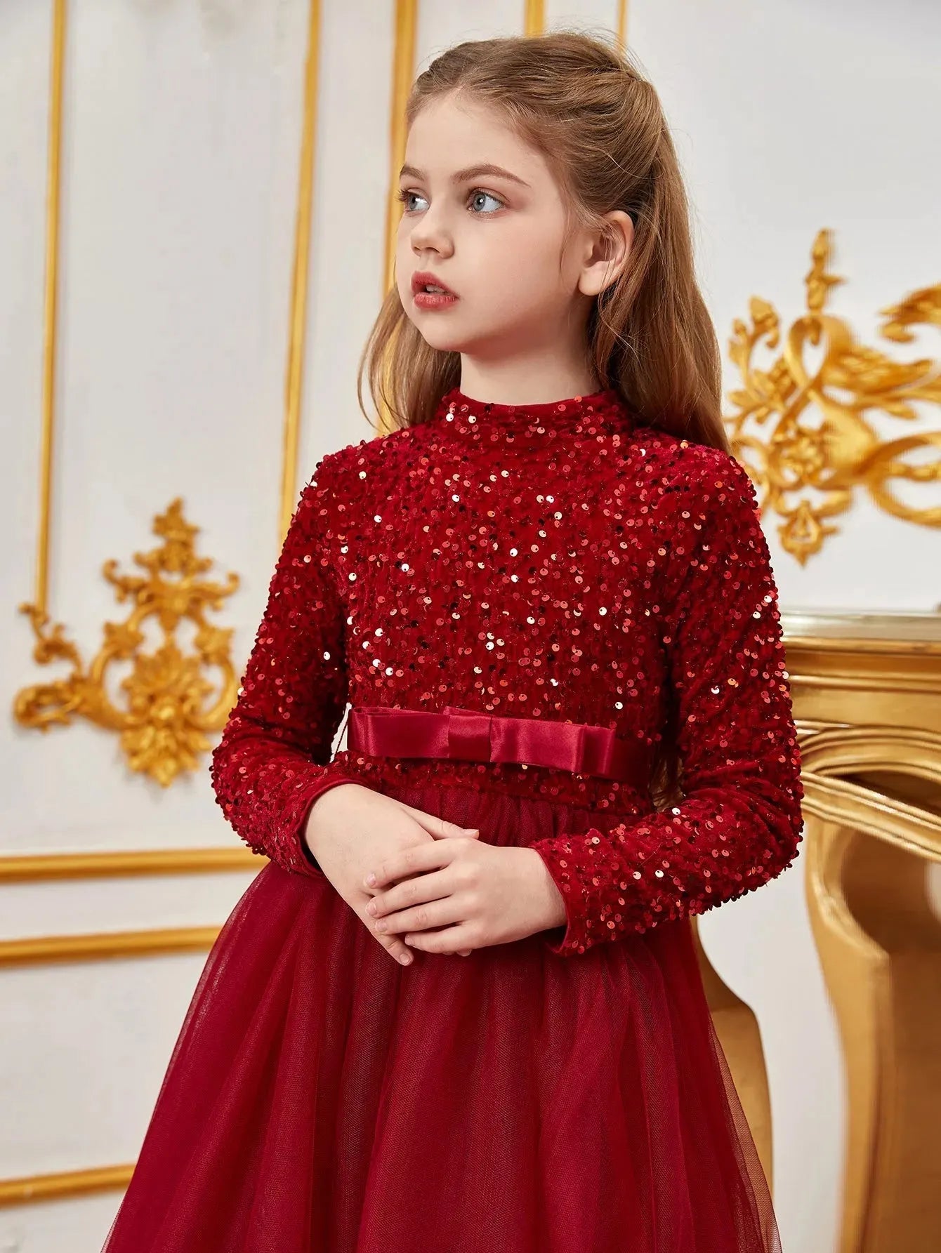 Additional product view of Bow Detail Mock-Neck Sequin A-Line Long-Sleeve Tween Girls' Party Dress