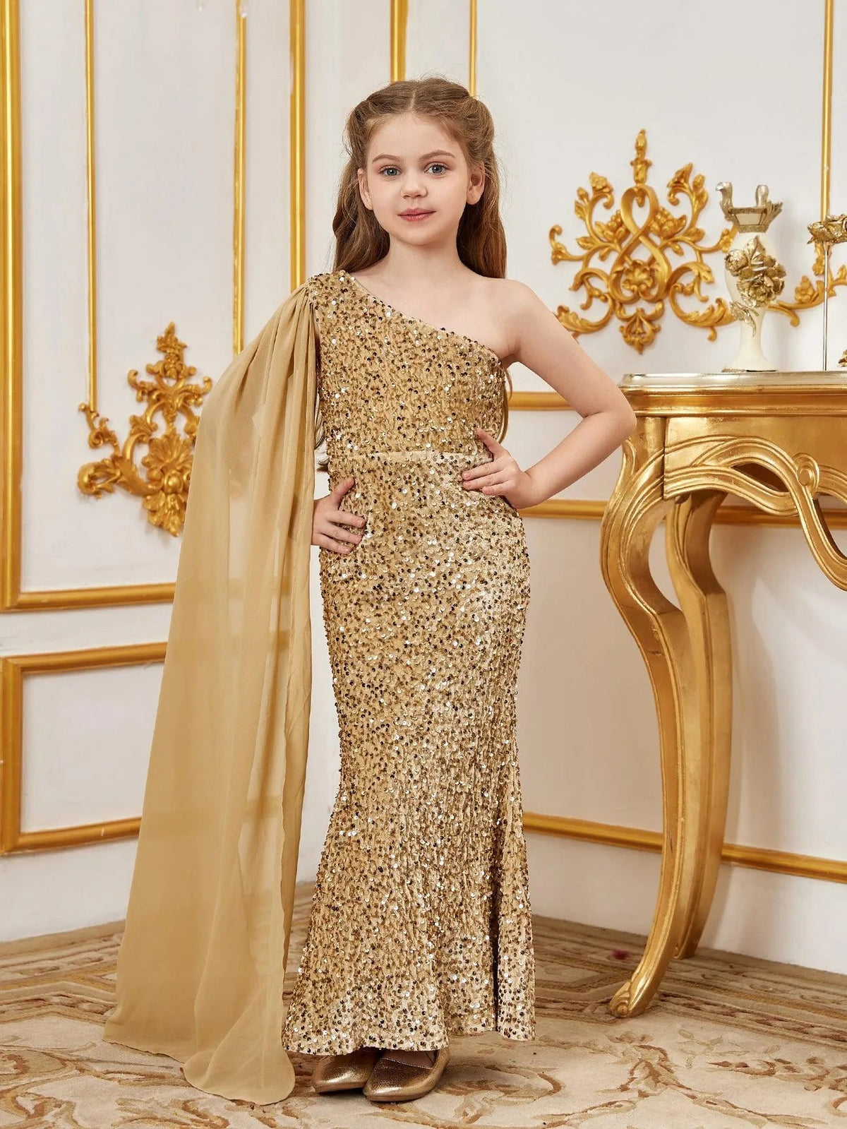 Additional product view of Draped Side One-Shoulder Sequin Mermaid Sleeveless Tween Girls' Party Dress