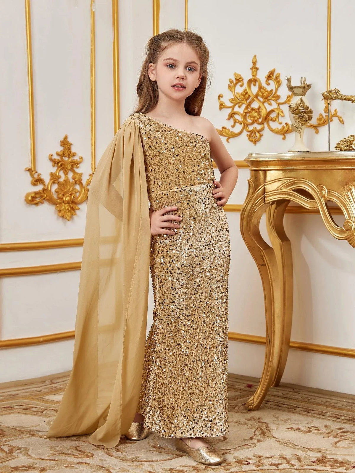Additional product view of Draped Side One-Shoulder Sequin Mermaid Sleeveless Tween Girls' Party Dress