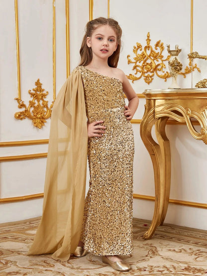 Additional product view of Draped Side One-Shoulder Sequin Mermaid Sleeveless Tween Girls' Party Dress