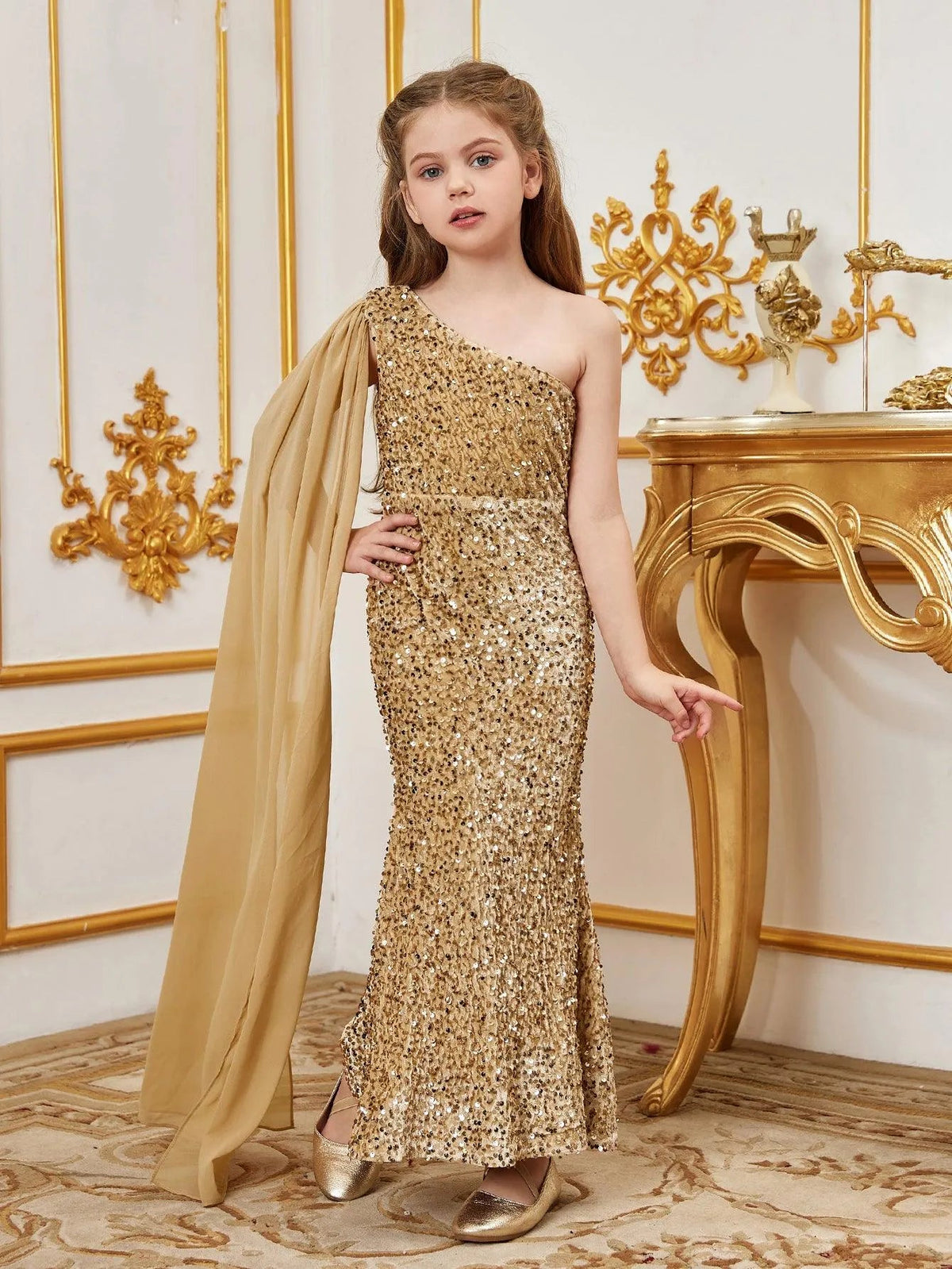 Alternate view of Draped Side One-Shoulder Sequin Mermaid Sleeveless Tween Girls' Party Dress in Champagne