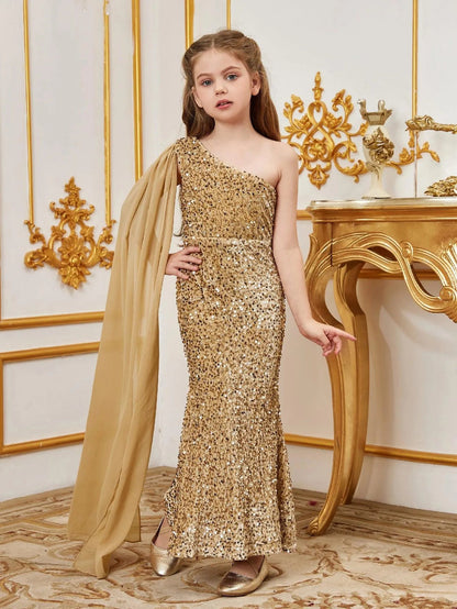 Alternate view of Draped Side One-Shoulder Sequin Mermaid Sleeveless Tween Girls' Party Dress in Champagne