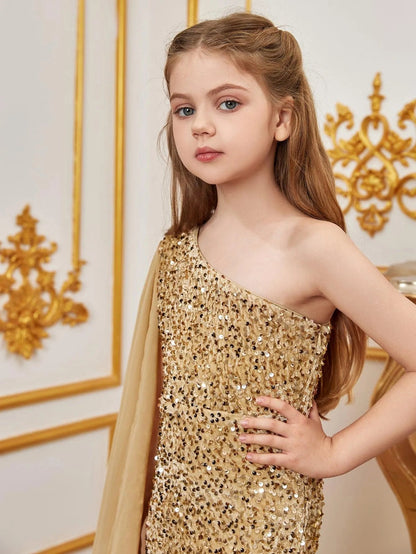 Additional product view of Draped Side One-Shoulder Sequin Mermaid Sleeveless Tween Girls' Party Dress