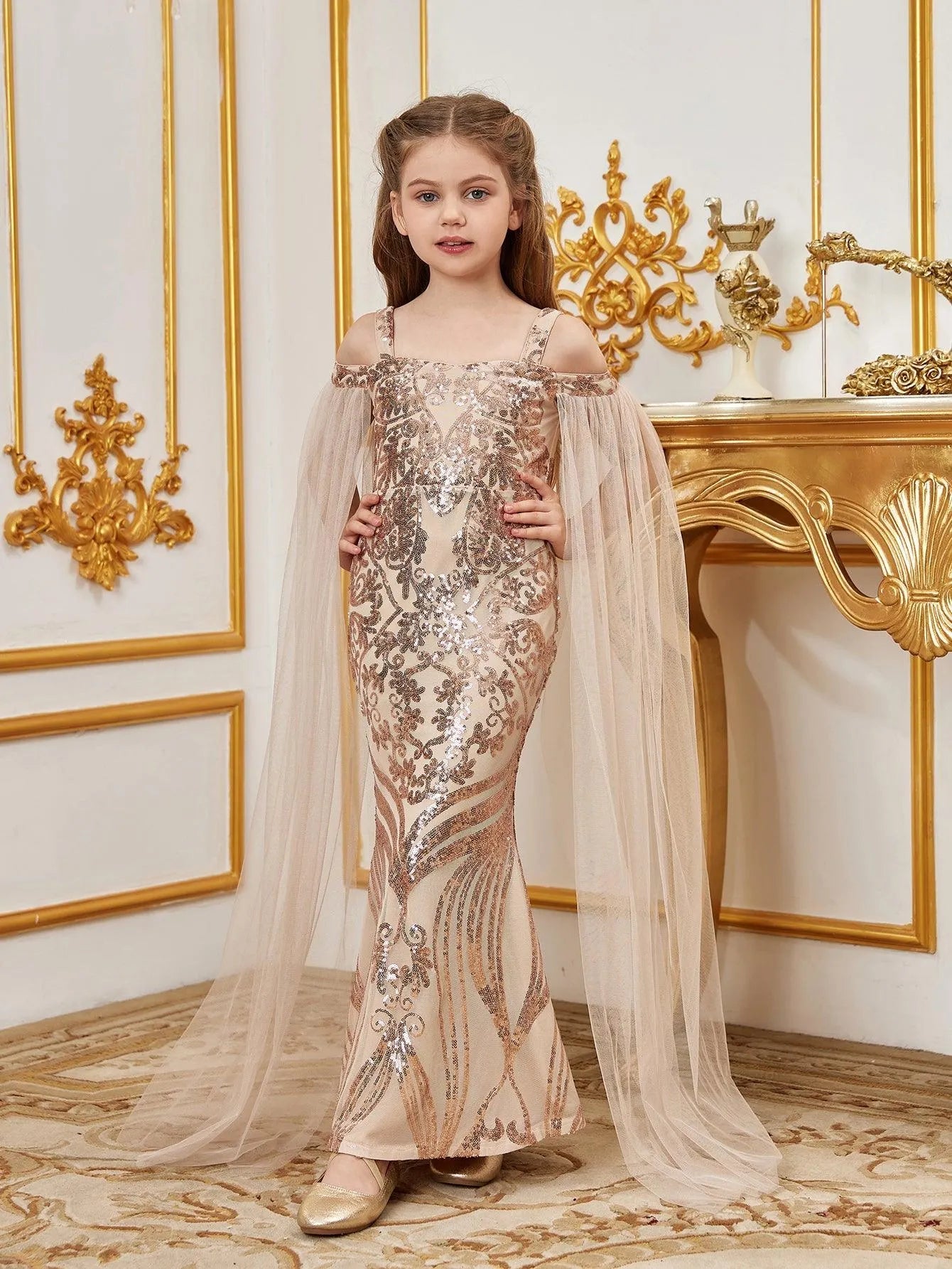 Additional product view of Cloak-Sleeve Off-Shoulder Sequin Mermaid Maxi Tween Girls' Party Dress