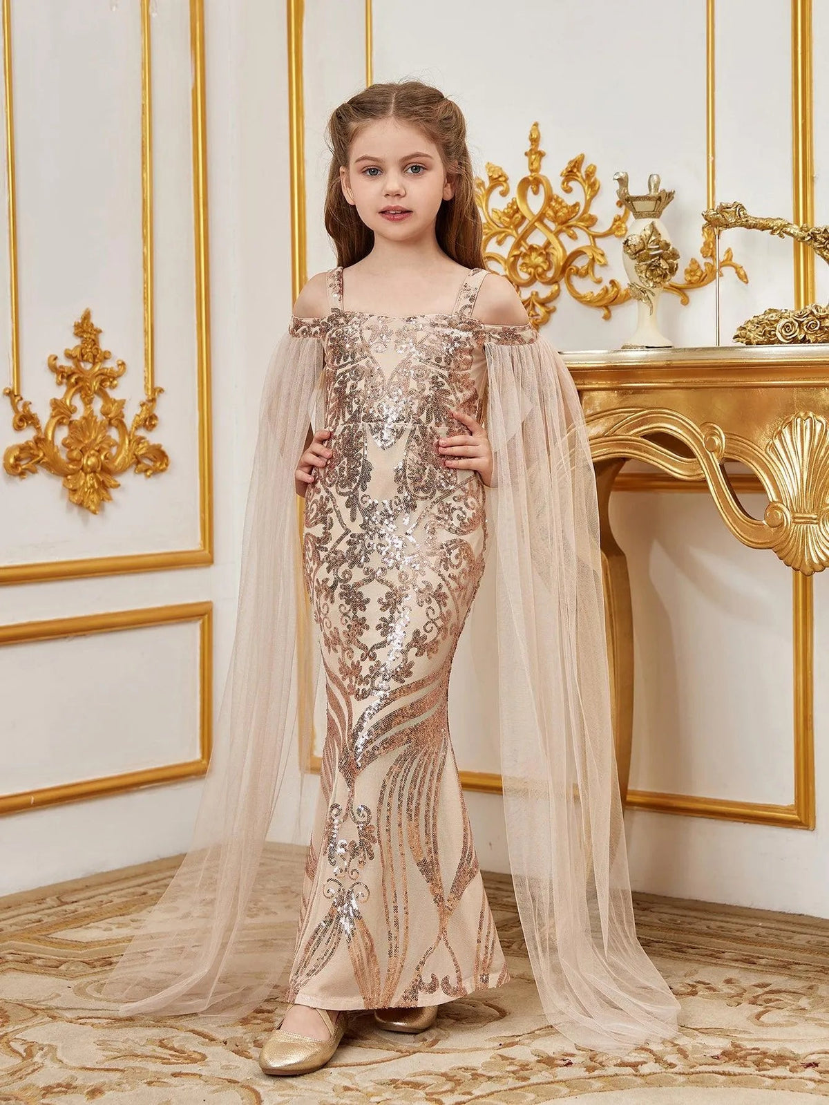 Additional product view of Cloak-Sleeve Off-Shoulder Sequin Mermaid Maxi Tween Girls' Party Dress