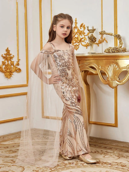 Additional product view of Cloak-Sleeve Off-Shoulder Sequin Mermaid Maxi Tween Girls' Party Dress