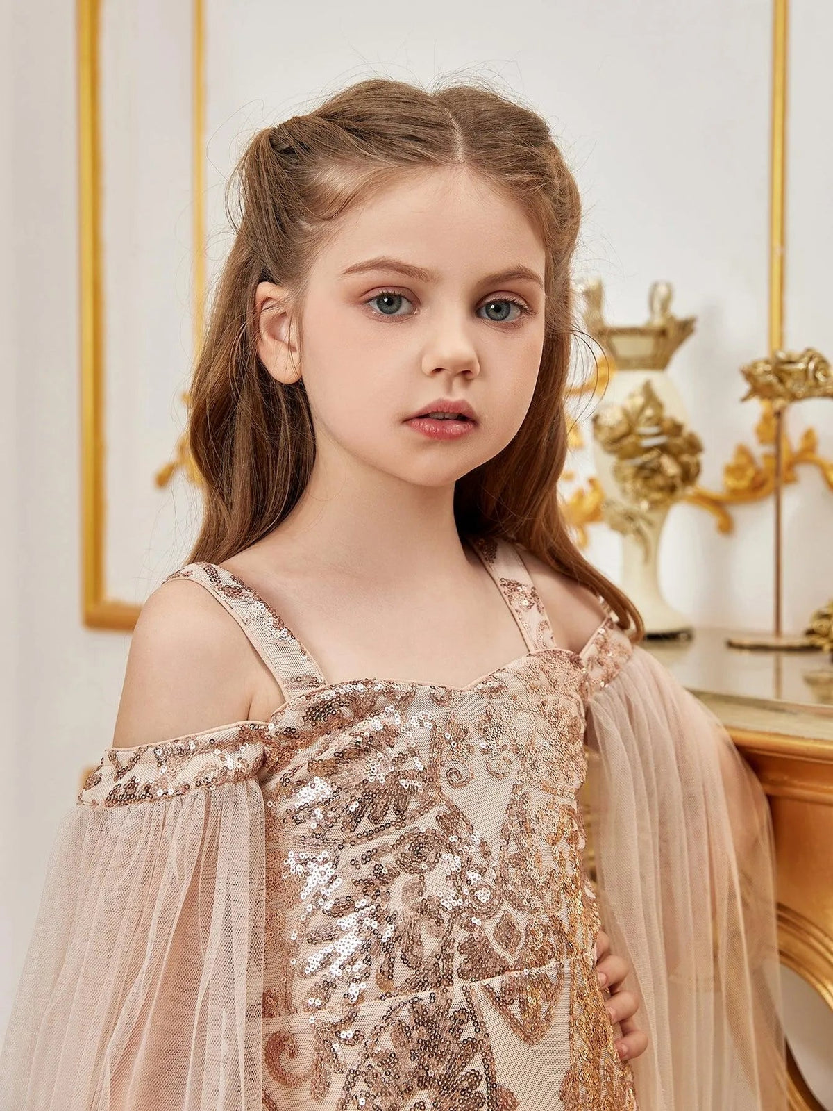 Additional product view of Cloak-Sleeve Off-Shoulder Sequin Mermaid Maxi Tween Girls' Party Dress