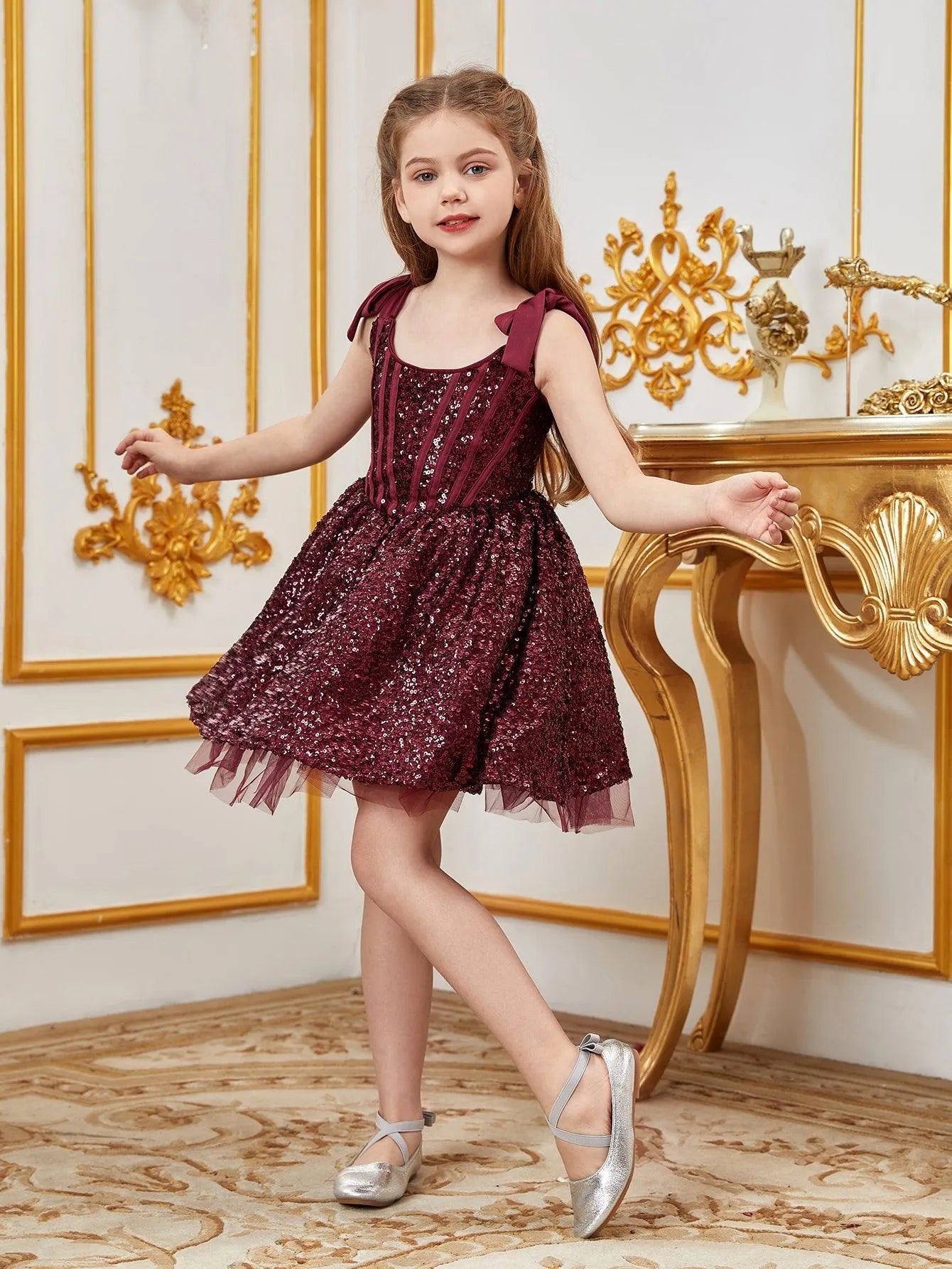 Additional product view of Cami Strap Sequin A-Line Sleeveless Midi Tween Girls' Party Dress