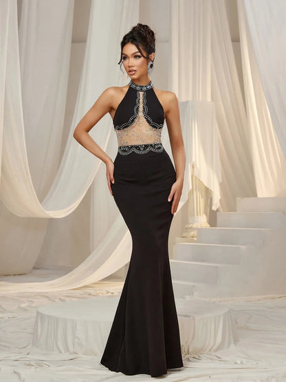 Stylish Rhinestone Detail Halter Neck Mermaid Hem Evening Dress – view 3