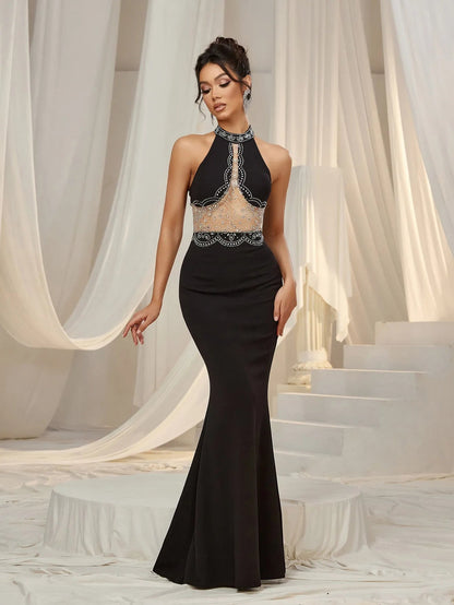 Stylish Rhinestone Detail Halter Neck Mermaid Hem Evening Dress – view 4
