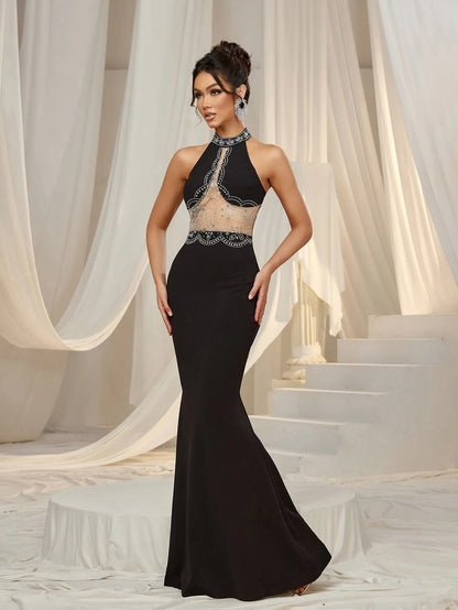 Stylish Rhinestone Detail Halter Neck Mermaid Hem Evening Dress – view 5