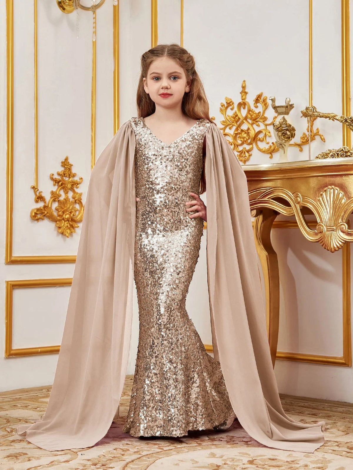 Additional product view of Cloak-Sleeve V-Neck Sequin Mermaid Chiffon Tween Girls' Party Dress