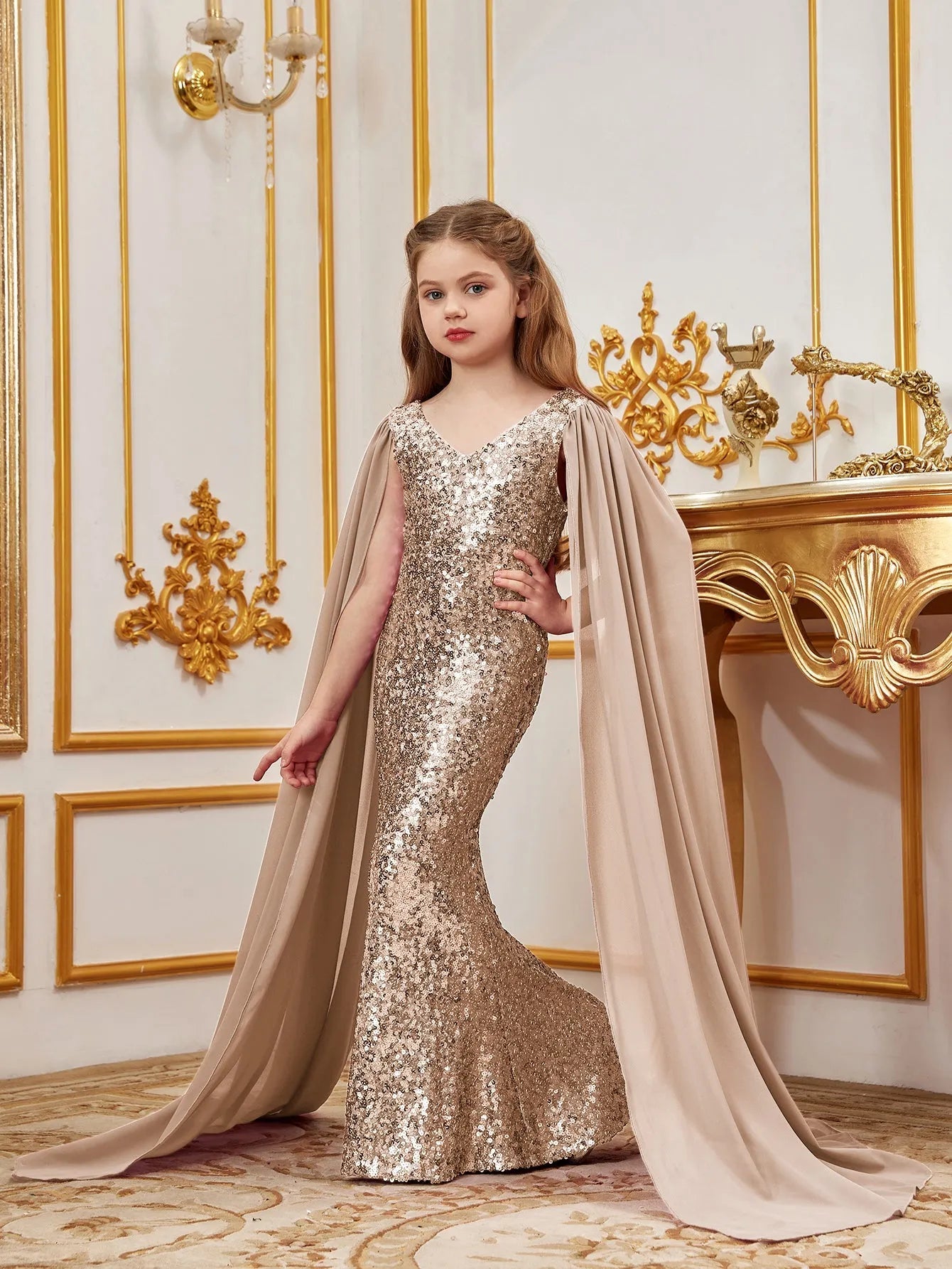 Additional product view of Cloak-Sleeve V-Neck Sequin Mermaid Chiffon Tween Girls' Party Dress