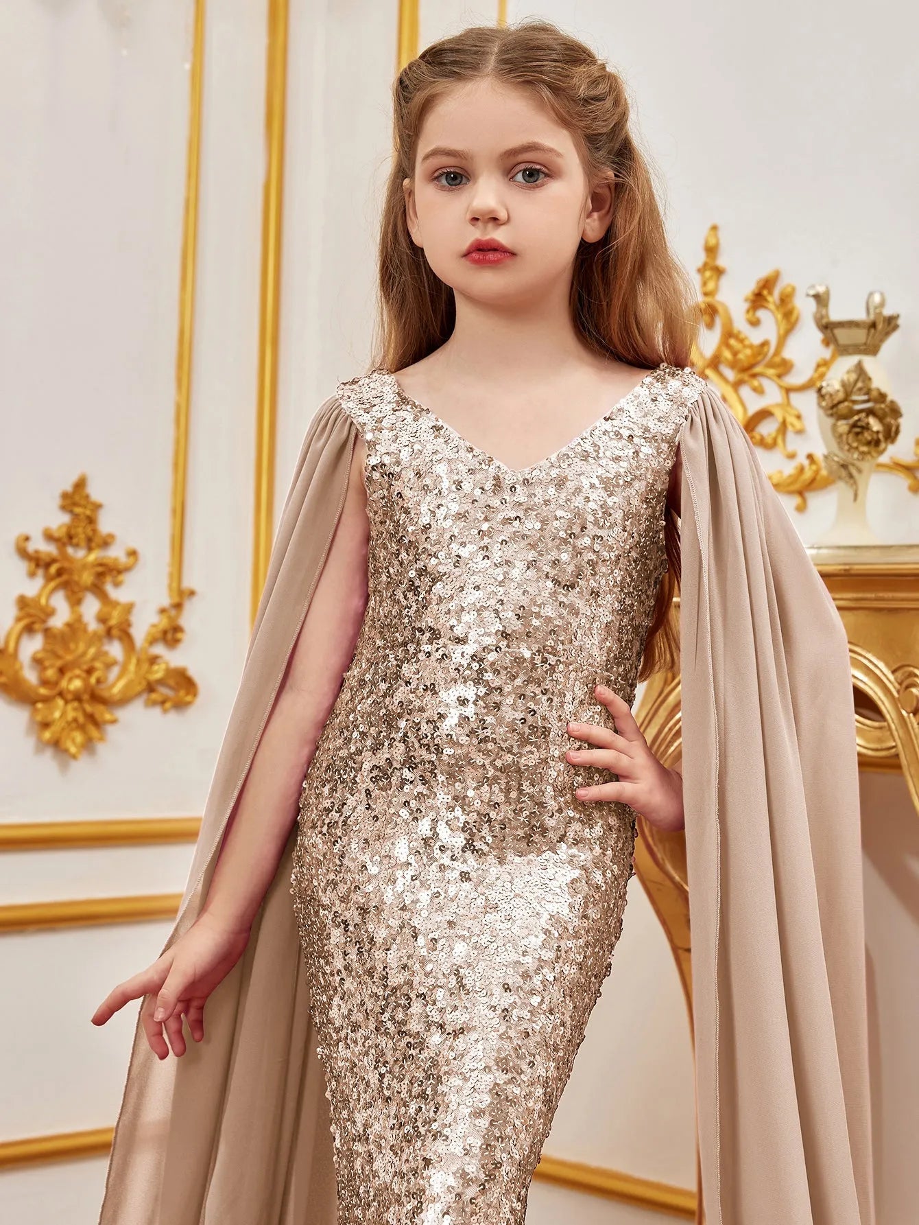 Additional product view of Cloak-Sleeve V-Neck Sequin Mermaid Chiffon Tween Girls' Party Dress