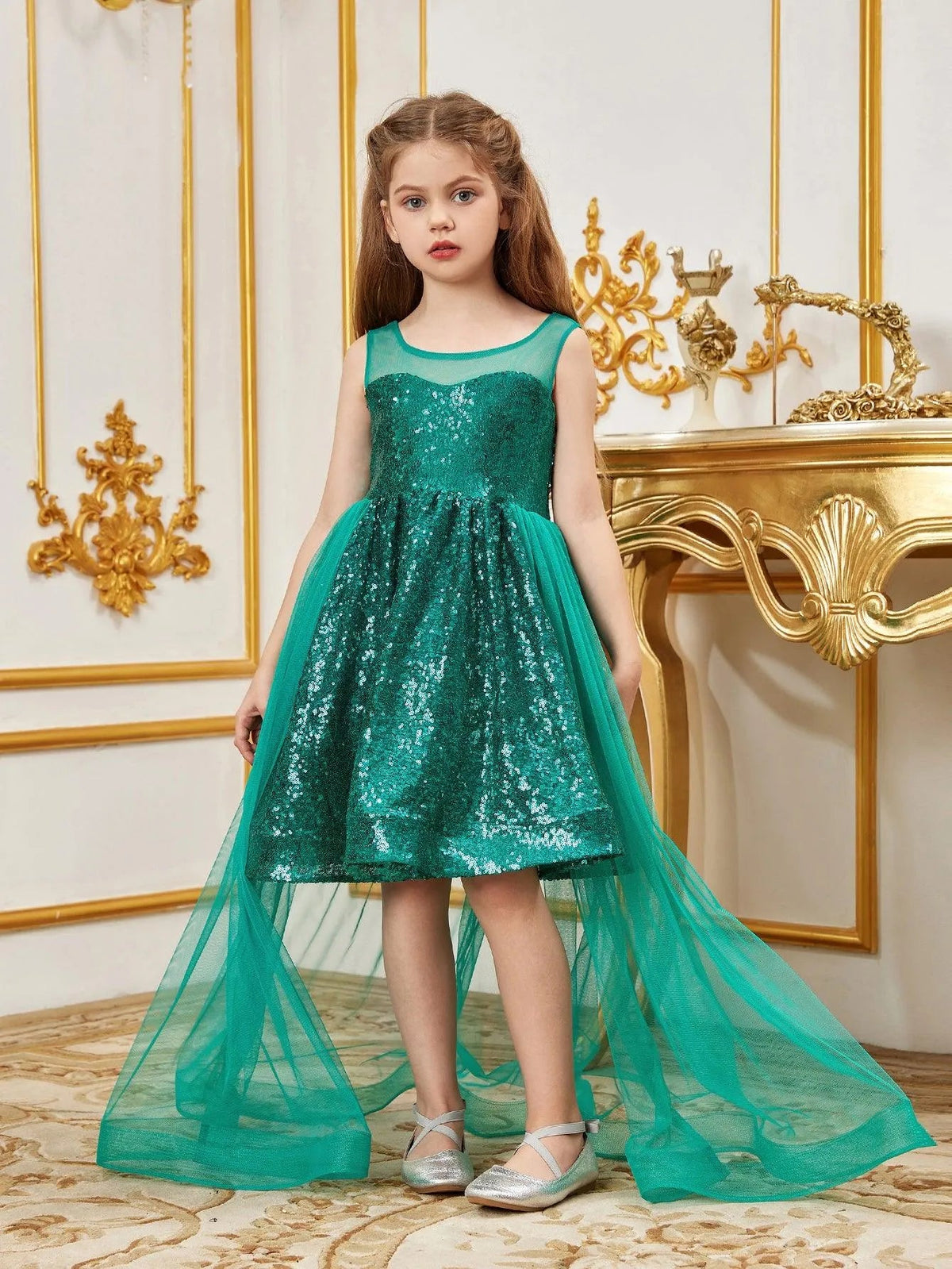 Additional product view of Contrast Mesh Sequin A-Line Sleeveless Midi Tween Girls' Party Dress